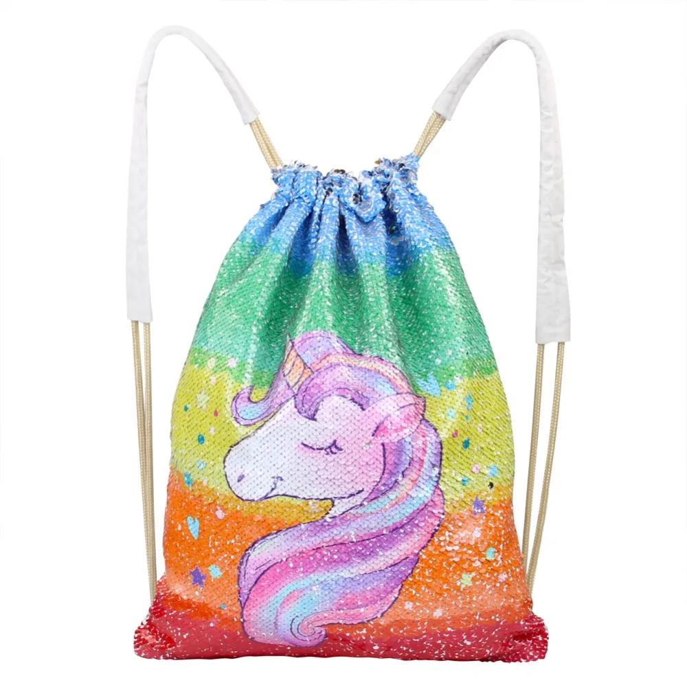 Unicorn Painting Drawstring Bag Sequins Mermaid Backpack Bag Magic