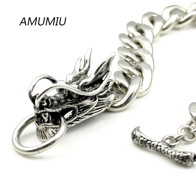 AMUMIU крутые браслеты из нержавеющей стали с драконом для мужчин Новое поступление модный браслет из нержавеющей стали мужские байкерские ювелирные изделия HZB047