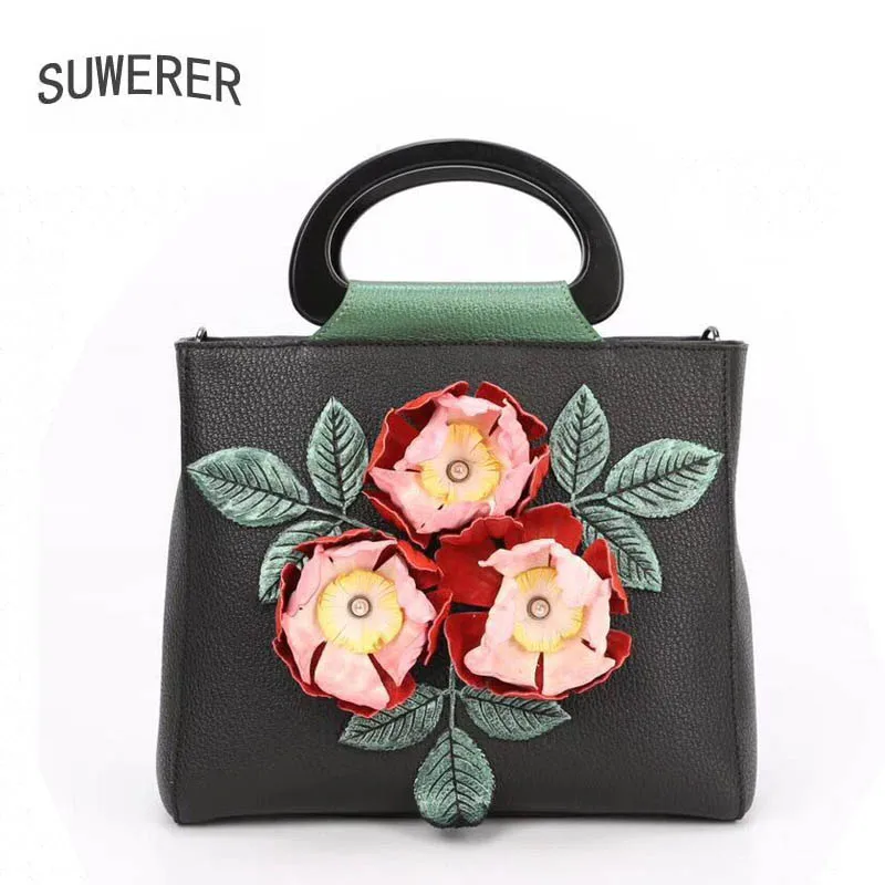 

SUWERER 2019 New Women Genuine Leather bags Handmade Flowers tote women handbags Fashion designer women leather shoulder bag