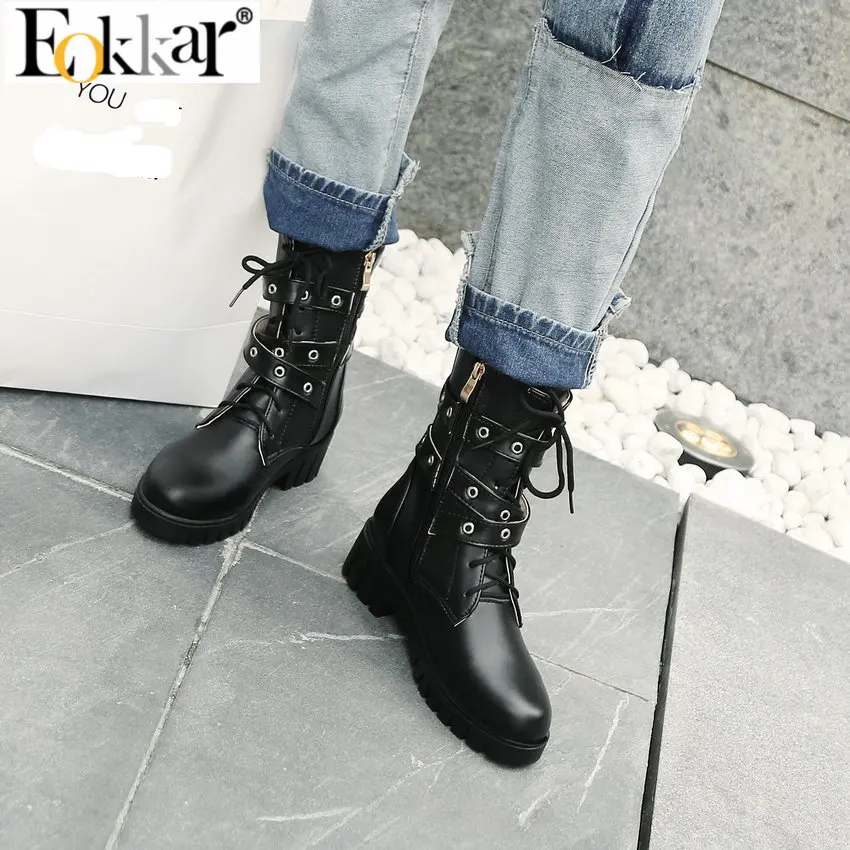 

Eokkar 2020 Classic Black Rivet Knight Boots Women Square Med Heels Platform Round Toe Ankle Boots PU Leather Boots Size 34-43