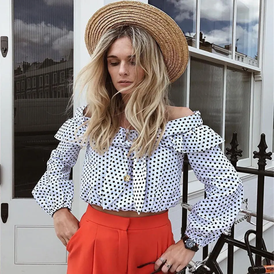 2018 New Fashion Polka Dot Bow Ruffle Off Shoulder Women Blouse Summer Sexy Elegant Tops Shirt blusa |