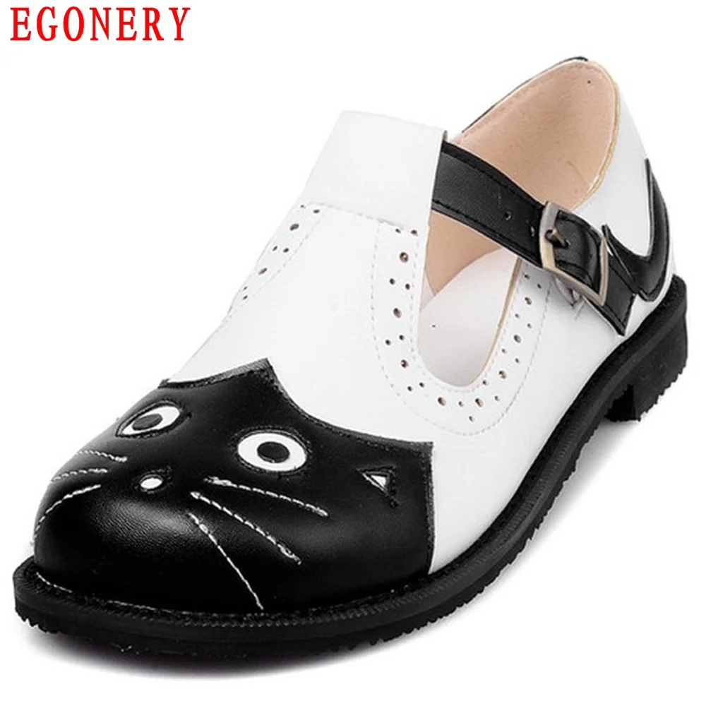 Image Spring Air White Black Round Toe Casual Flats Womens Buckle Strap Cut out Student Girl Sweet Cutey Cat Shoes