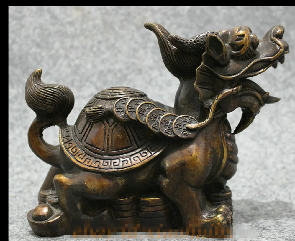 

Old China Bronze Collect Wealth Coin YuanBao Longevity Shou Dragon Turtle Statue