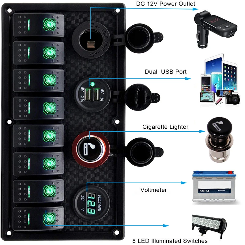 

LED Switch Panel for Marine Truck Car Digital Voltmeter Display USB Power Charger Adapter 12V Cigarette Lighter Socket
