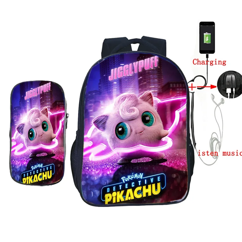 Рюкзак Pokemon Detective Pikachu с USB зарядкой, школьные рюкзаки для подростков, мальчиков и девочек, Mochila, детский дорожный рюкзак с пеналом - Цвет: 4