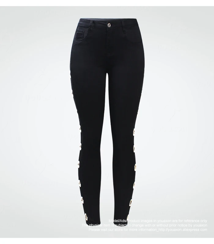 2167, Youaxon, черные эластичные джинсы с боковыми люверсами, шипованные, женские, большие размеры, средняя талия, джинсы-скинни трусы для женщин