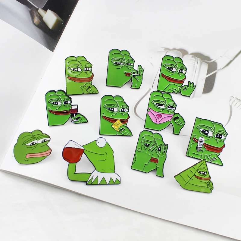 

Cartoon Frog Series Brooch Sad Chili Frog Funny Happy Pepe Sexy Bad Man Gun Cool Enamel Pin Denim Animal Badge Gifts For Friends