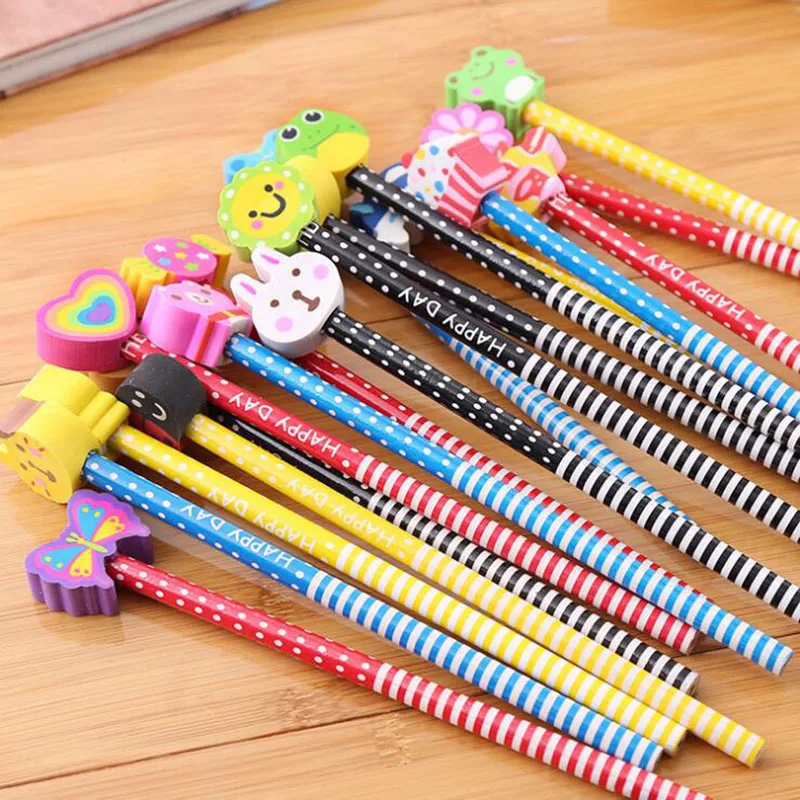 2pc Creative Cartoon Animal Wood Pencil Eraser Pencil New Standard Child Student Learning Stationery School Office Supplies 2