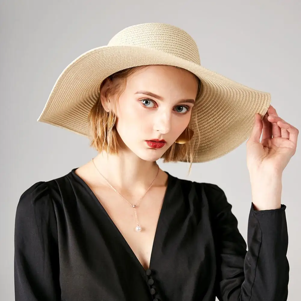 

Women Summer Wide Brim Floppy Foldable Bowknot Ribbon Straw Sun Hat Summer Beach Cap Large Brimmed Hat