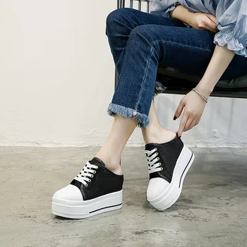 

Women running shoes hollow breathable sneakers slippers mesh Casual Shoes flat platform wedge height increasing shoes YA-87