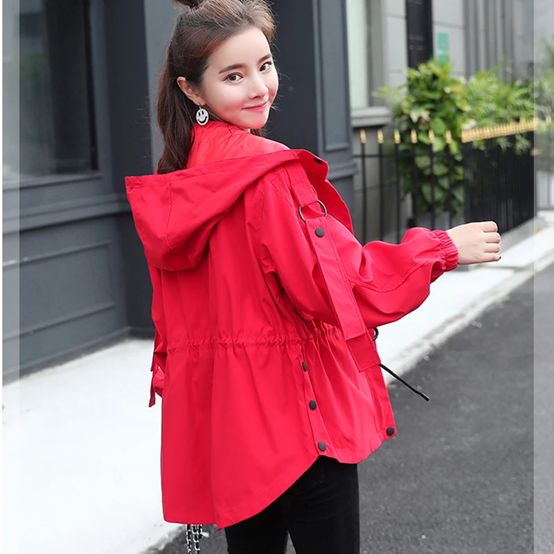 HziriP весенне-осенняя модная однотонная красная ветровка с капюшоном, куртка на молнии с карманами, Повседневная Женская куртка с длинными рукавами, верхняя одежда