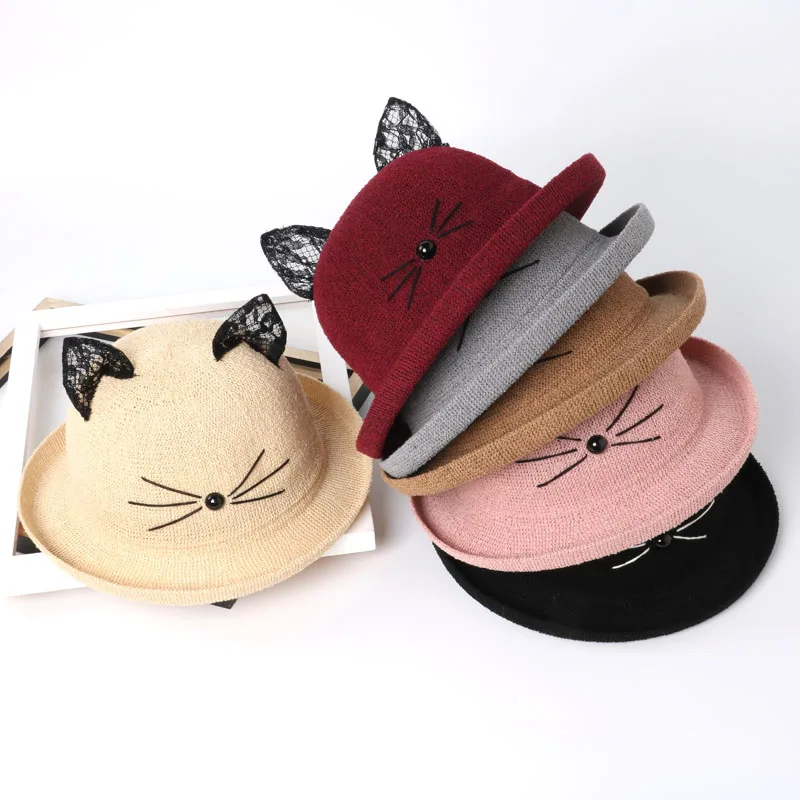 WENDYWU Sweet and lovely cat ear straw hat Sun hat summer Lace child