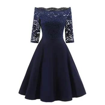 

Navy Blue Lace 3/4 Sleeve Elegant Bridesmaid Dress A Line Boat Neck Women Wedding Party Gowns Short Brides Maid Dresses 05457