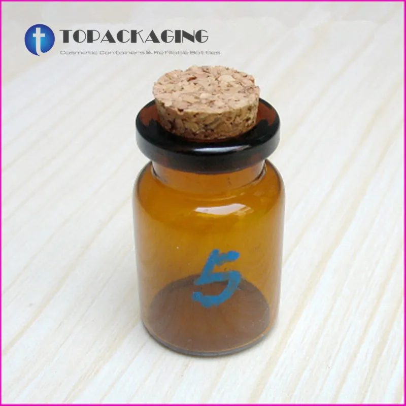 500*5ML Amber Glass Bottle With Cork Lid Cosmetic Test Vials Empty Perfume Packing Small Essence Oil Container Serum Refillable