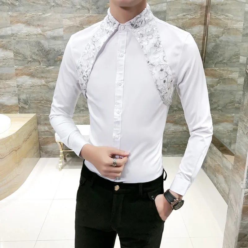 Chemise De Smoking A Bretelles En Dentelle Et Paillettes Pour Homme Tenue De Soiree De Travail Decontractee A Manches Longues Slim De Marque A La Mode Noir Et Blanc Aliexpress