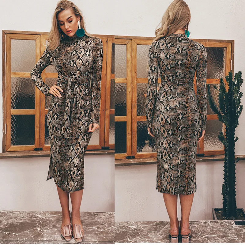 

Women Elegant Animal print Autumn Maxi Dress Long Sleeve Slim Bodycon Dress