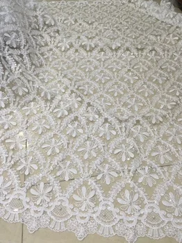 

(5yards/pc) high quality African wedding lace fabric sequins and beads fixed French net lace with embroidery for dress FLC59