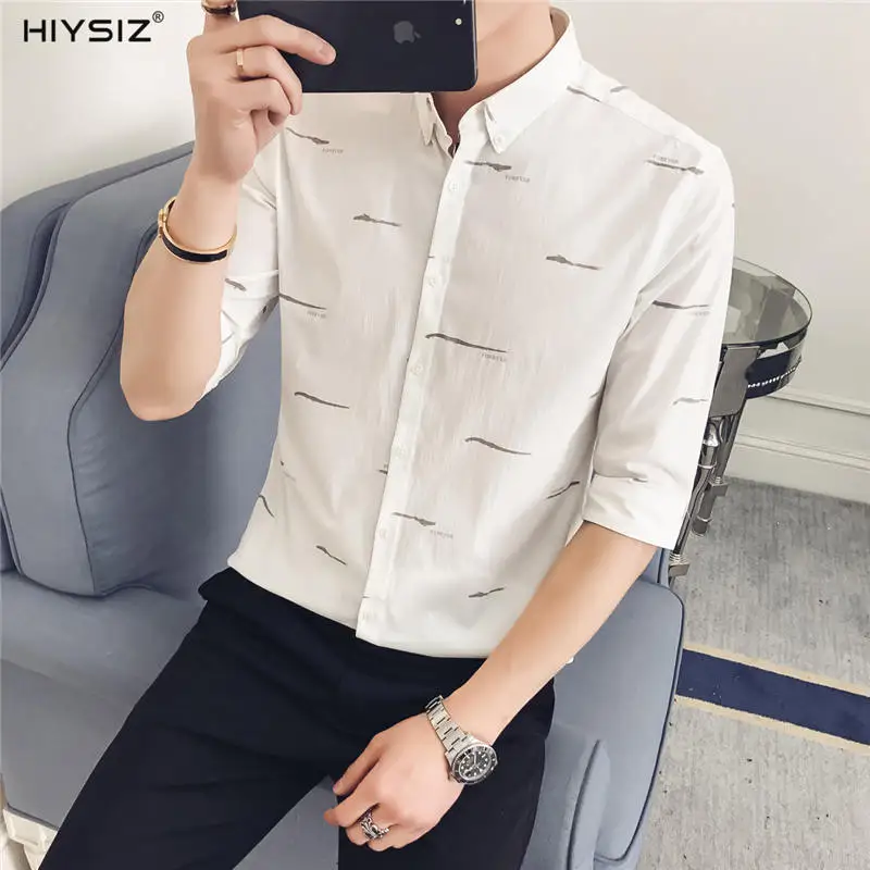 

HIYSIZ NEW Shirts 2019 tops brand Fashion Trend Cotton Casual Streetwear Printed summer 5-quarter sleeve turn-down collar ST405