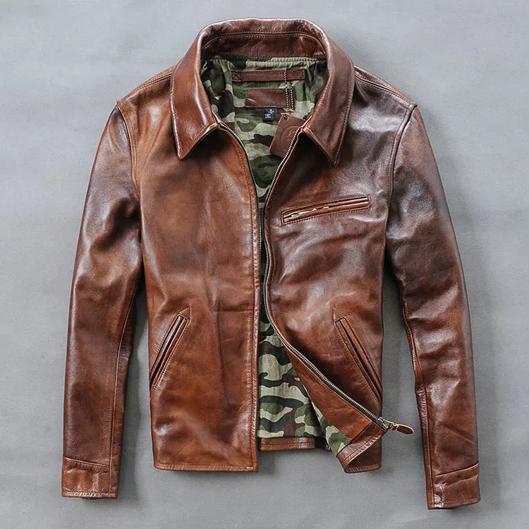 

2017 Amerian cowboy style vintage cow leather jacket men slim fit leather biker jacket for men brown genuine leather coat men