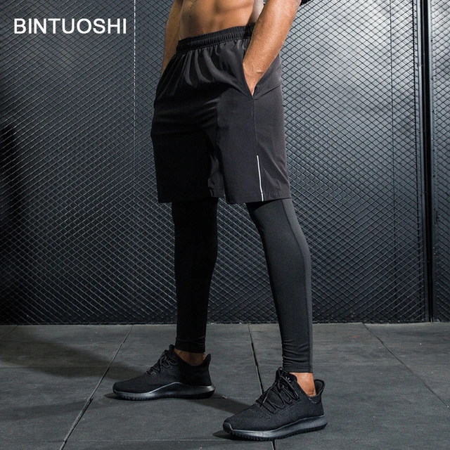 BINTUOSHI 2 Pieces Set Mens Running Shorts+Tights Workout Gym Fitness