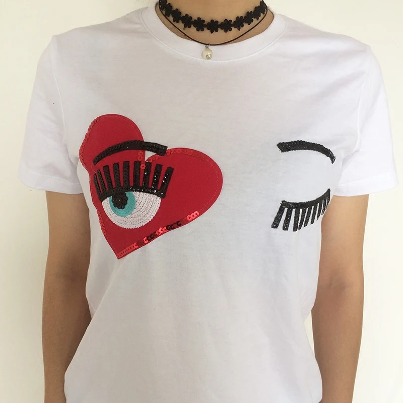2018 новые модные летние женские футболки Chiara Ferragni Red Love Big Eyes с вышивкой и блестками