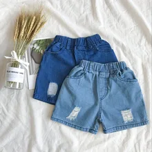 Летние повседневные шорты для девочек и мальчиков модные джинсовые синие брюки с дырками для малышей Детские рваные новые стильные универсальные шорты детская одежда