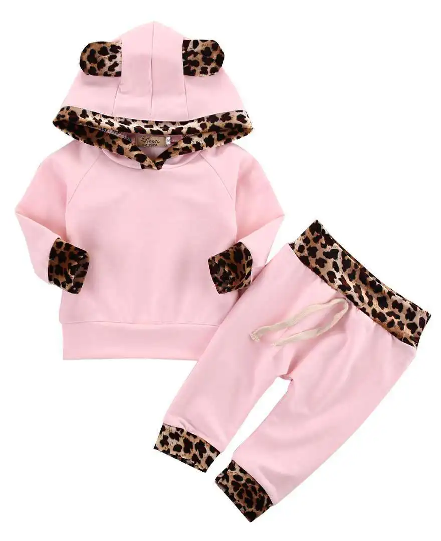 Одежда для маленьких девочек весенне-осенний теплый свитер для маленьких девочек хлопковый Леопардовый милый комплект с капюшоном из двух предметов - Цвет: Pink