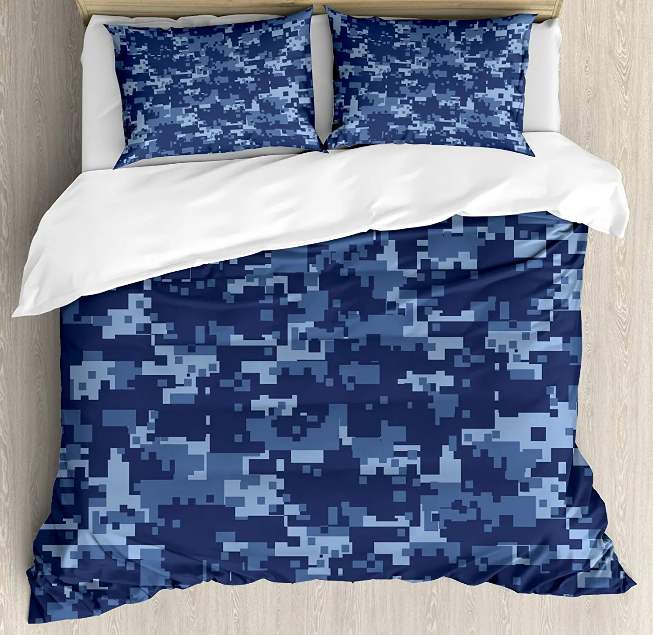 

Camo Duvet Cover Set, Militaristic Digital Effected Armed Forces Pattern Grunge Fashion in Blue, 4 Piece Bedding Set