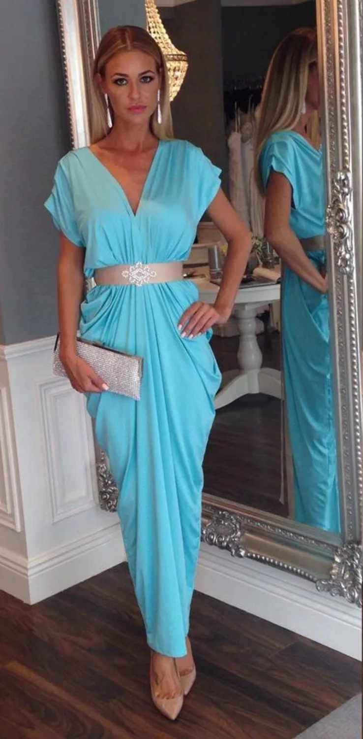 

New Arabic Kaftan White Evening Prom Dresses Arabic Abaya Dubai Long Sexy V-Neck Evening Dresses With Short Sleeves YH244