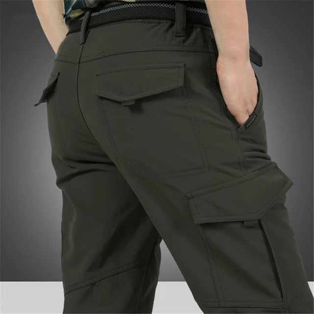 Men's Fleece Tactical Pants Winter Warm Military Cargo Pant Men Casual Shark Skin Soft Shell Work Trousers Waterproof Sweatpants - Color: Army Green