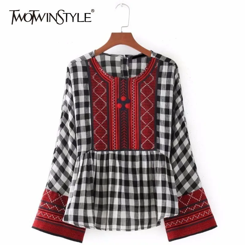 

TWOTWINSTYLE Embroidery Plaid Patchwork Women Shirts Blouses Long Sleeve Loose Tops Female Casual Clothing 2019 Spring Fashion