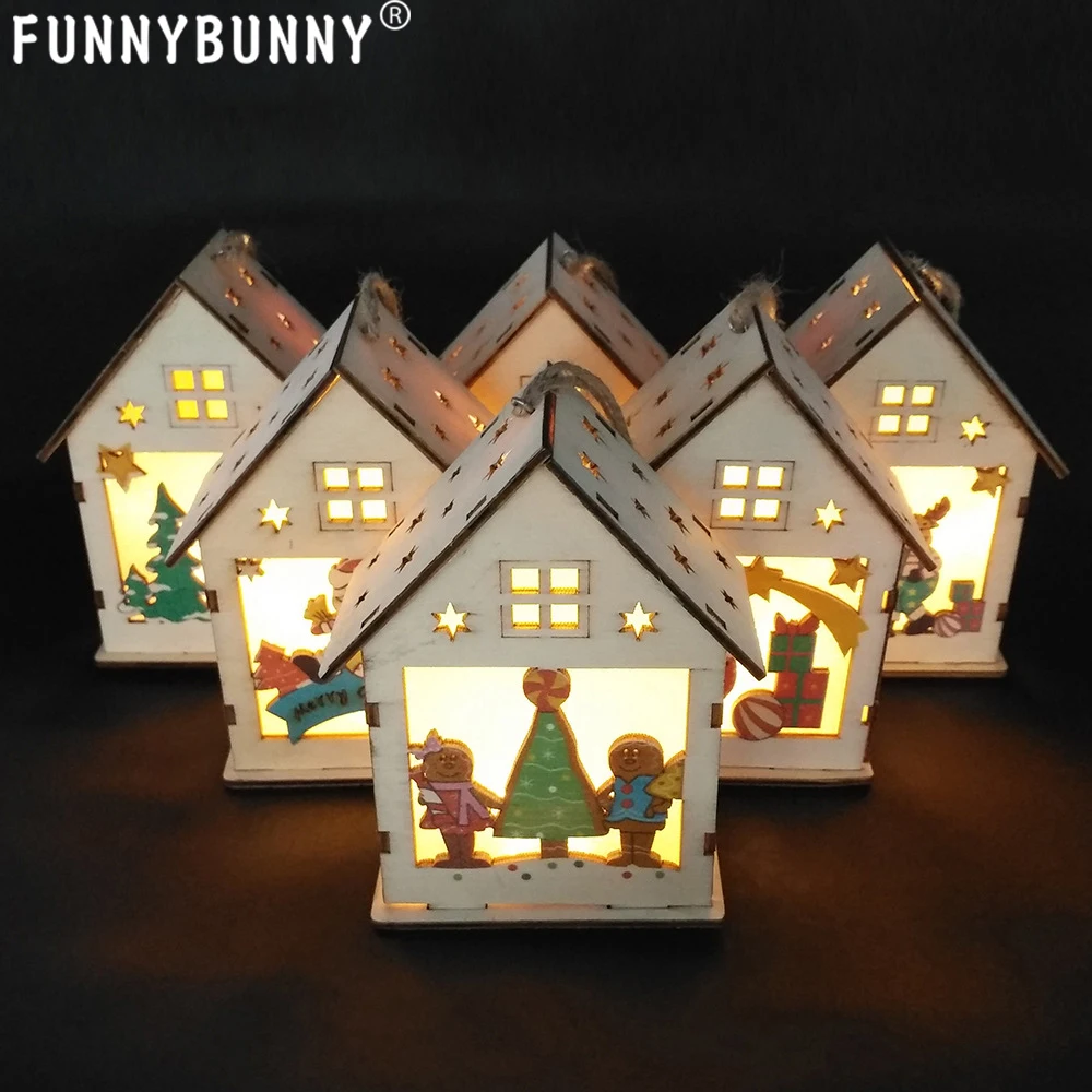

FUNNYBUNNY LED Light Wooden Dolls House Villa Christmas Ornaments Xmas Tree Hanging Decor