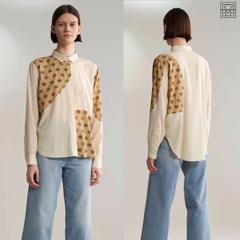 

women print patchwork loose shirt 2019 spring new turn down collar long sleeve silk loose blouse