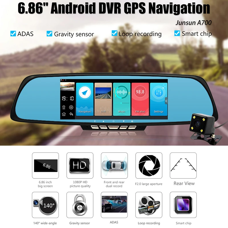 SODIAL 10 Telecamera Dvr 3G Specchietto Retrovisore Auto Dvr Dual Lens Android 5.1 Dash Cam App Adas Warning Dual Lens G-Sensor Dvr
