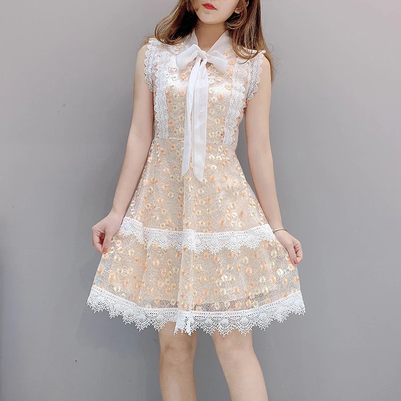 

HAMALIEL New Fashion Sleeveless Mesh Dress Summer Women Embroidery Floral Patchwork Lace Dress Elegant Bowknot Party Vestidos