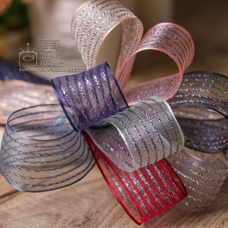 

100yards 10/16/25/40mm glitter stripes organza sheer ribbon for gift box packing bouquet bow supplies wedding party supplies