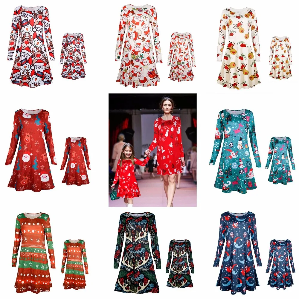 

New Christmas Dresses Mother Daughter Dress Long Sleeve O-Neck Santa Claus Printed Mom Girls Dress Xmas Family Matching Outfits
