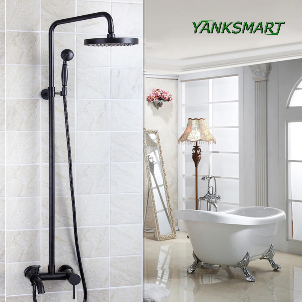 

YANKSMART Bathroom Shower Black Oil Rubbed Bronze Wall Mounted Shower Rainfall Faucet 8" Shower Head Mixer Water Tap Set