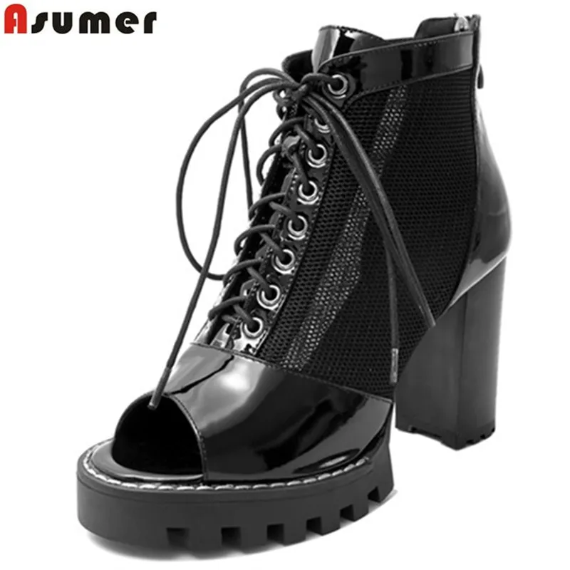 

Asumer black fashion summer new shoes woman peep toe cross tied thick heel platform women boots genuine leather anke boots