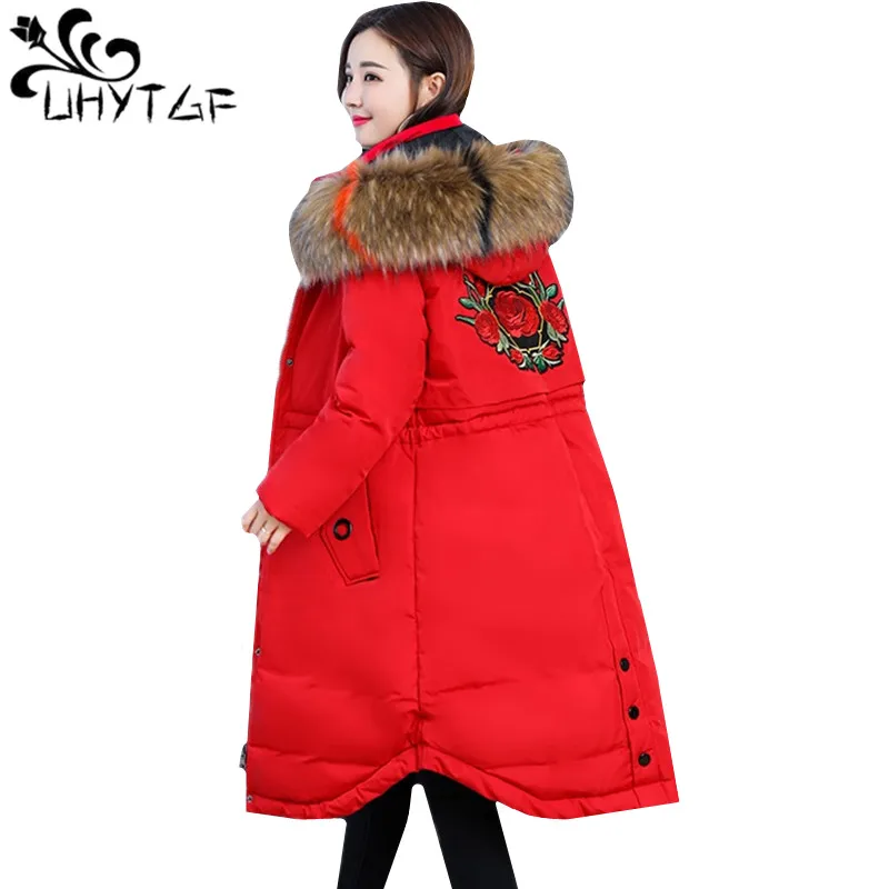 

UHYTGF L-5XL plus size Winter Down Thick Warm Jacket Women Embroidery fur collar Hooded Coat Oversize Down Cotton Outerwear726