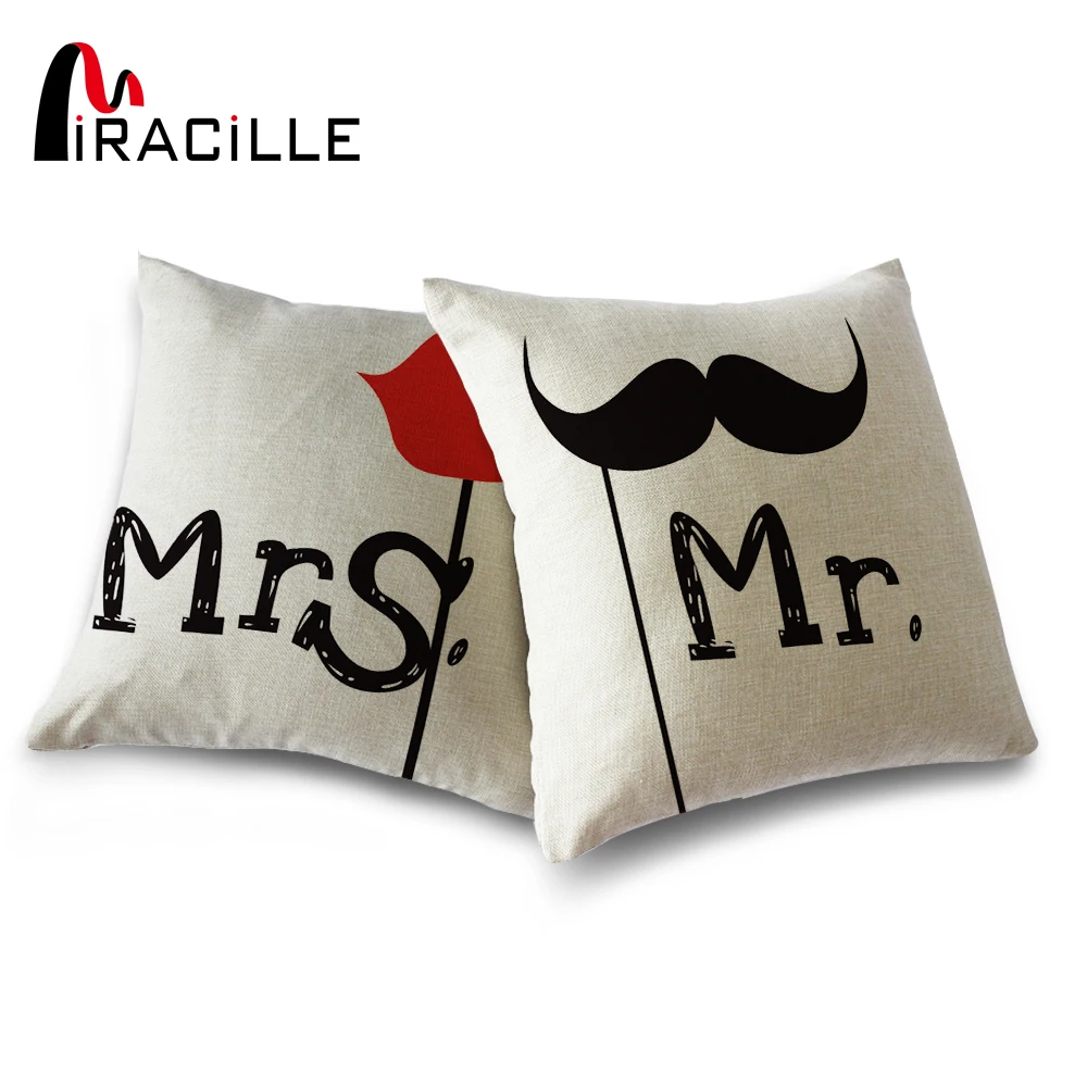 

Miracille 2 Pieces Cotton Linen MR & MRS Wedding Couple Cushion Cover Lovers Decor Home sofa Throw Pillowcase Square 18 Inches