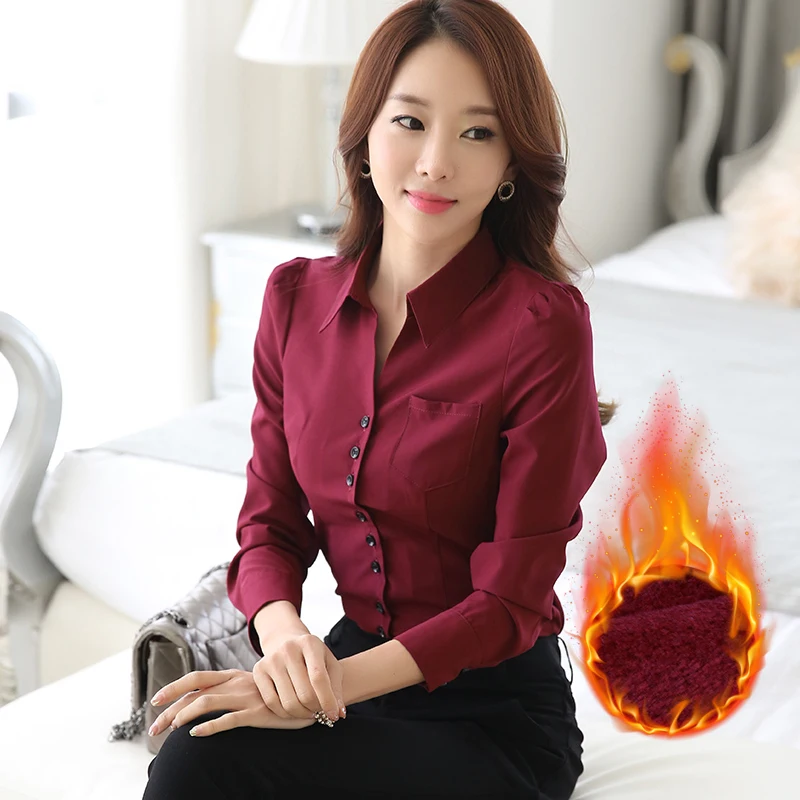  Office Shirt Woman Plus Velvet Thicking Long Sleeve Blouse V Neck Warm Womens Tops And Blouses Plus