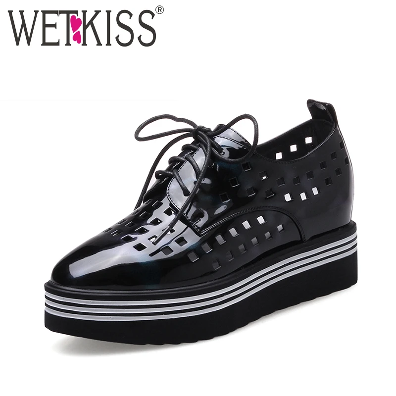 

WETKISS New Arrive Female Lace up Flat Platform Shoes Woman Flats Cutout Patent Leather Autumn Footwear Square toe Leisure Flats