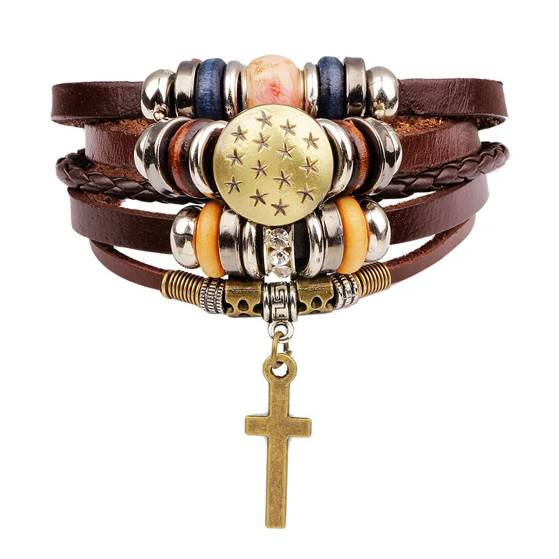 

New Arrival Cross Beads Stars Genuine South Korea Style Men Women Leather Bracelet