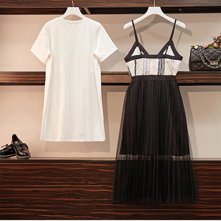 Summer Dress Two Piece Set Woman Mid Long T-Shirt+ Sling Sequins Patchwork Gauze Skirt Lady Girls Skirts Set Blue Black