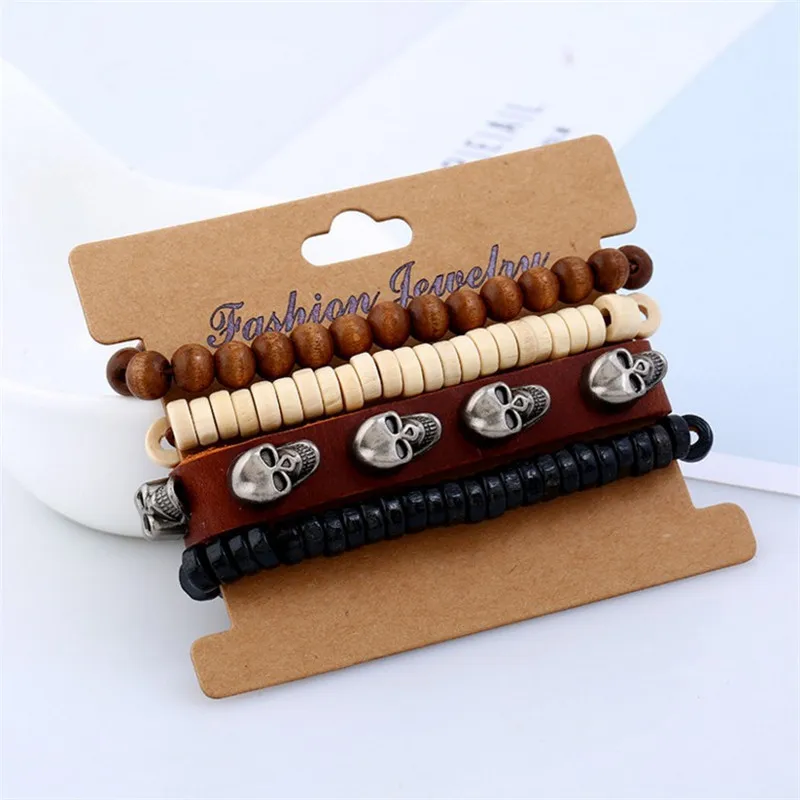 Мужской кожаный браслет Cuir Homme Pulsera Hombre мужской с черепами и деревянными бусинами