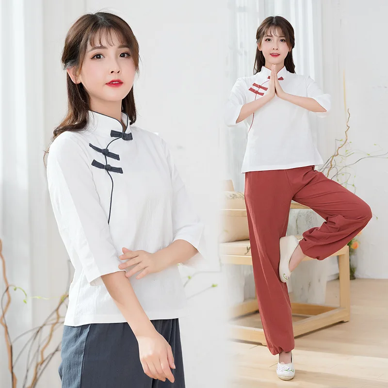 

Women Yoga Set Linen Retro Patchwork Yoga Shirt Loose Wide Leg Yoga Pant Meditation Uniforms Tai Chi Kungfu Martial Arts Clothes