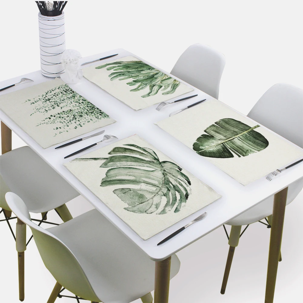 

Green Leaf Decoration Table Mats Cloth Napkin Wedding 43*32Cm Table Napkins Banana Leaf Linen Print Serviette Home Table Napkin