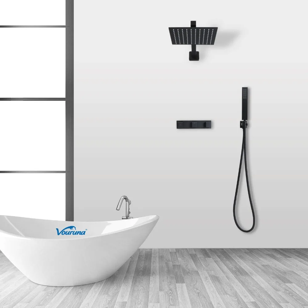 Black Shower System 8 Inch Bathroom Rain Mixer Shower Combo Set Wall Mounted Rainfall Shower Fixture 2