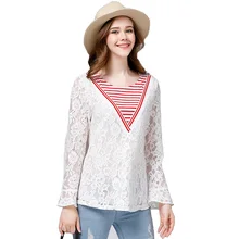 New autumn large size 5xl women blouse shirt wild leaf sleeves lace stitching plus size loose shirts blouses tops womens ZB1461